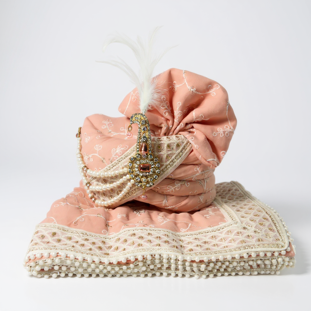 Peach Embroidered Groom Pagri with Pearl Kalgi & Feathers | Wedding Safa