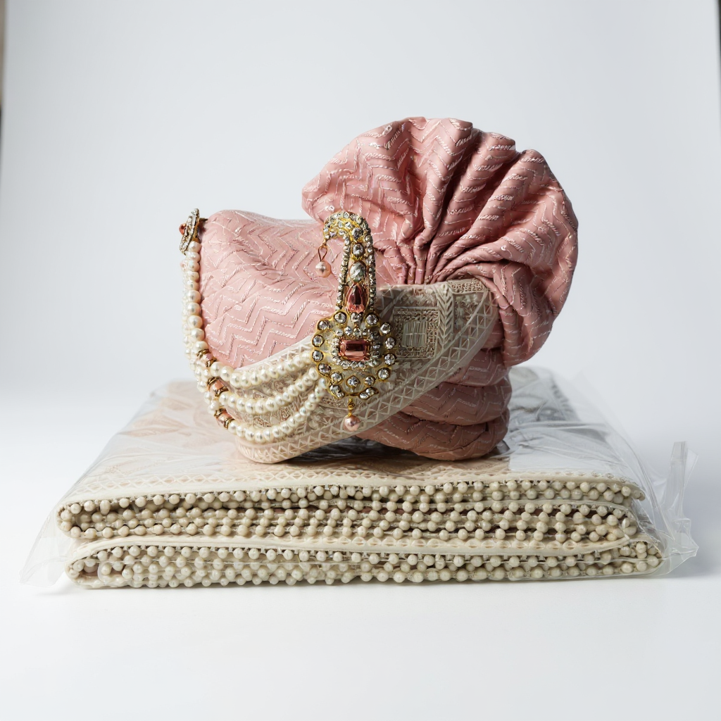 Dusty Rose Groom Pagri with Pearl Kalgi & Embroidery | Wedding Safa