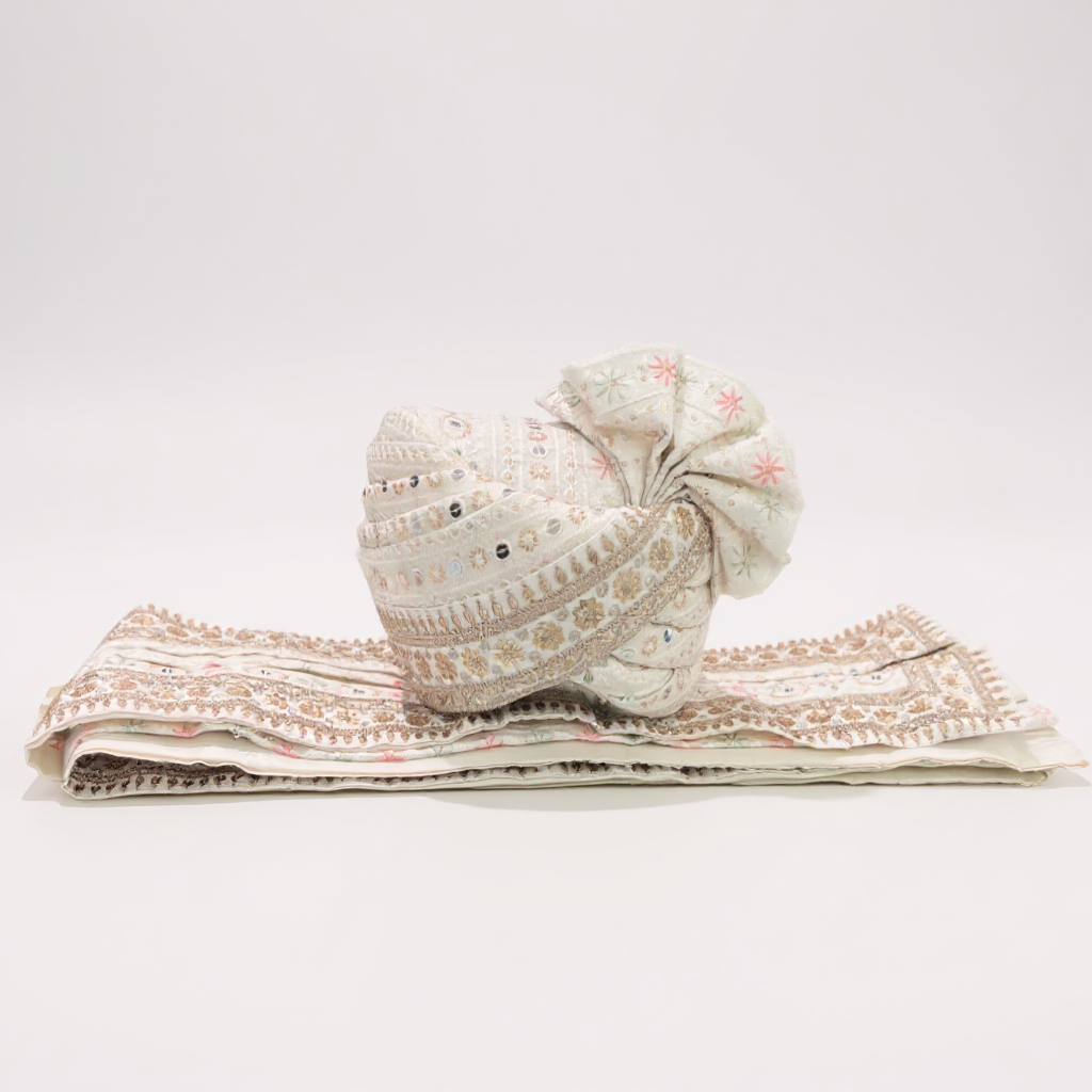 Ivory Multicolor Embroidered Groom Pagri | Mirror Work Wedding Safa