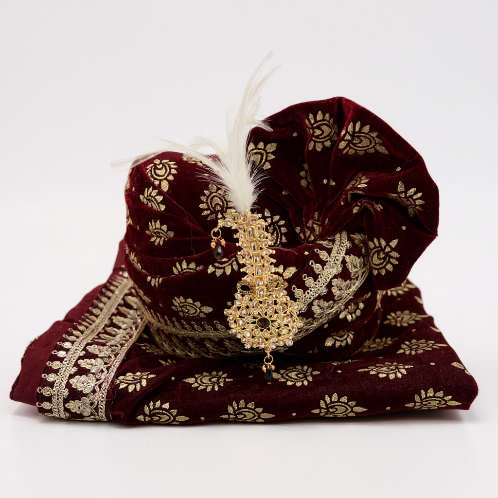 Maroon Velvet Groom Pagri | Gold Zari & Stone-Work Wedding Safa