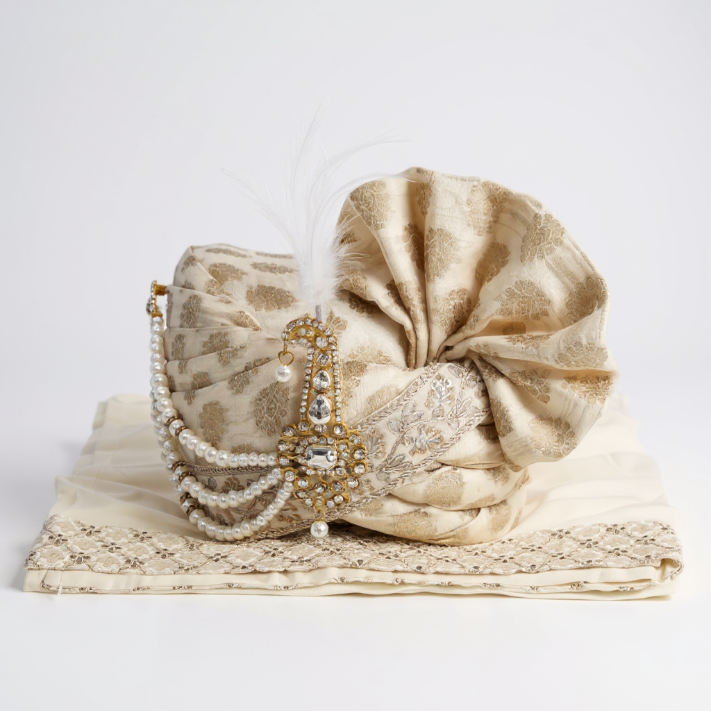 Cream & Gold Groom Pagri | Brocade Embroidery Wedding Safa