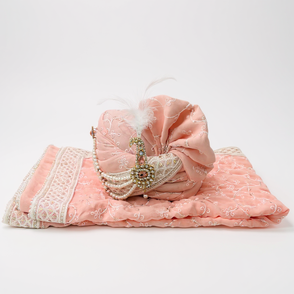 Pink Groom Pagri with Pearls | Embroidered Wedding Safa