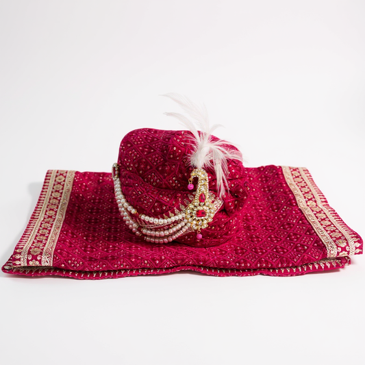 Deep Pink Groom Pagri with Gold Work | Embroidered Wedding Safa
