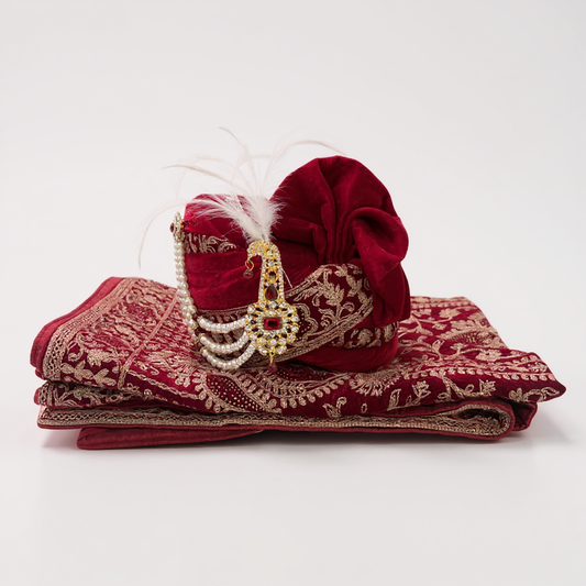 Maroon Velvet Groom Pagri | Heavy Zari Embroidery Wedding Safa