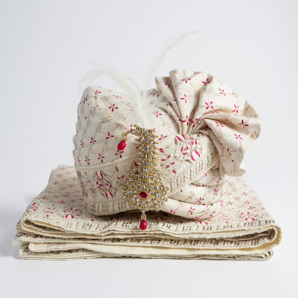 Ivory & Pink Groom Pagri | Threadwork Embroidery Wedding Safa