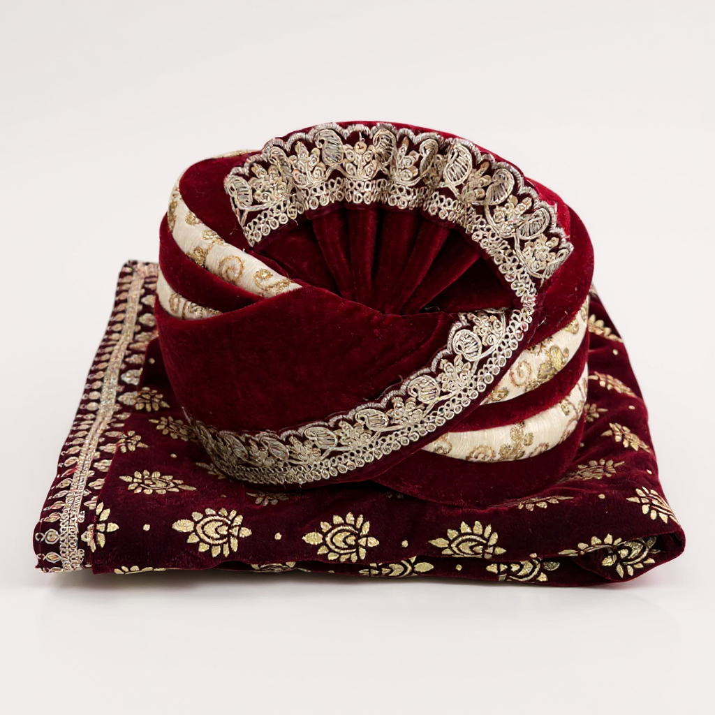 Maroon Velvet Groom Pagri | Gold Brocade & Zari Wedding Safa
