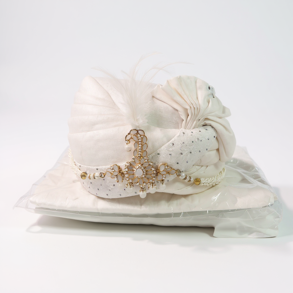 Ivory Groom Pagri | Stone-Studded Wedding Safa with Pearl Brooch