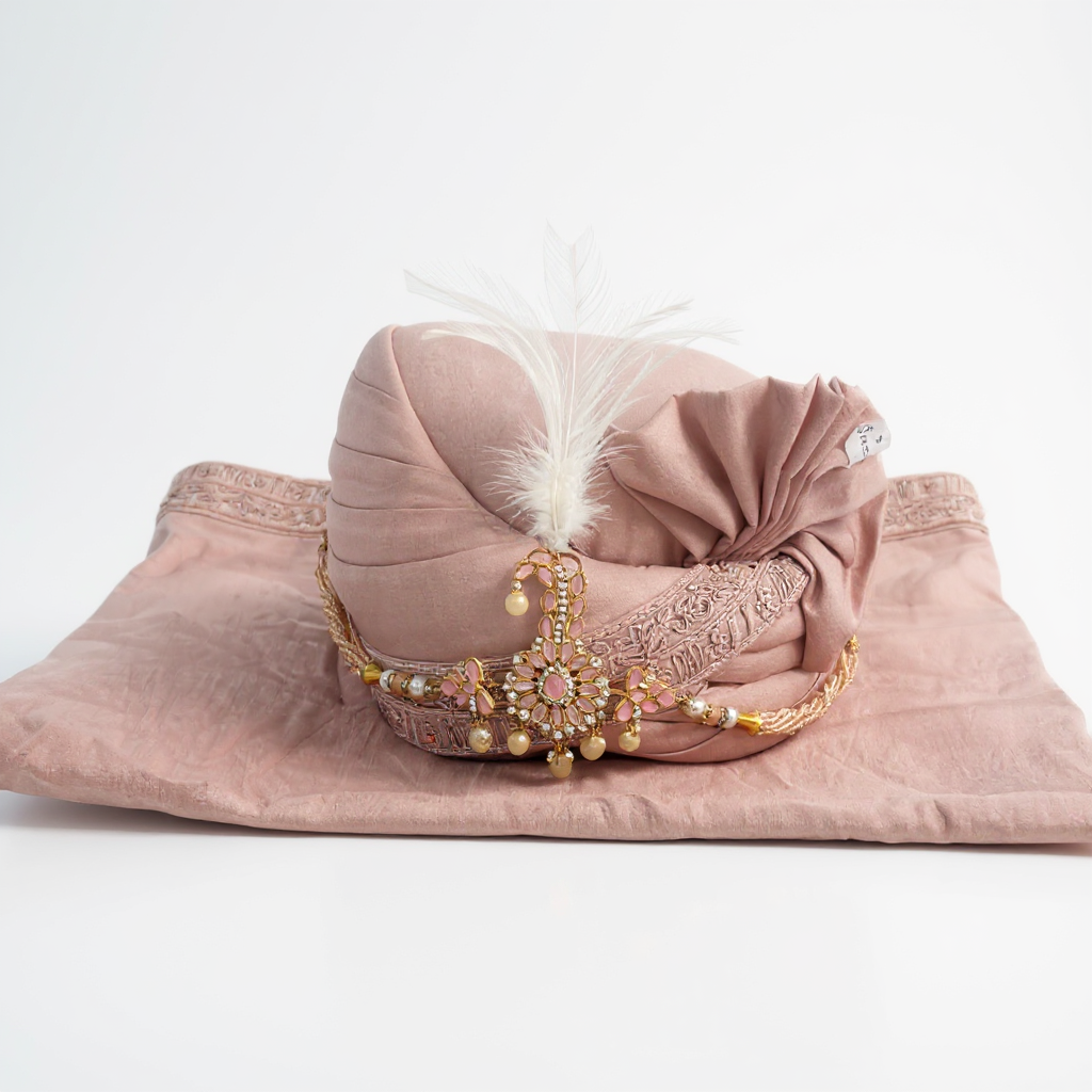 Blush Pink Groom Pagri | Embroidered Wedding Safa with Pearl Brooch