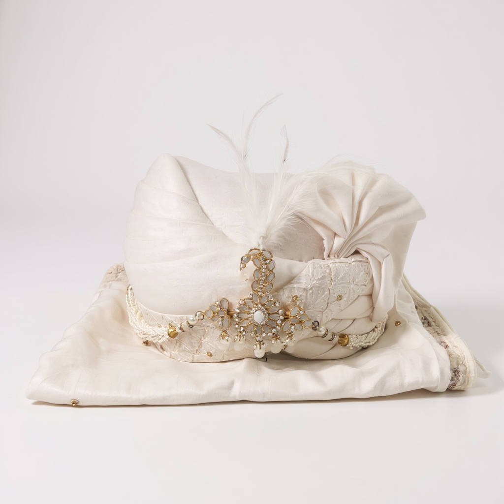 Ivory Groom Pagri | Embroidered Wedding Safa with Pearl Brooch