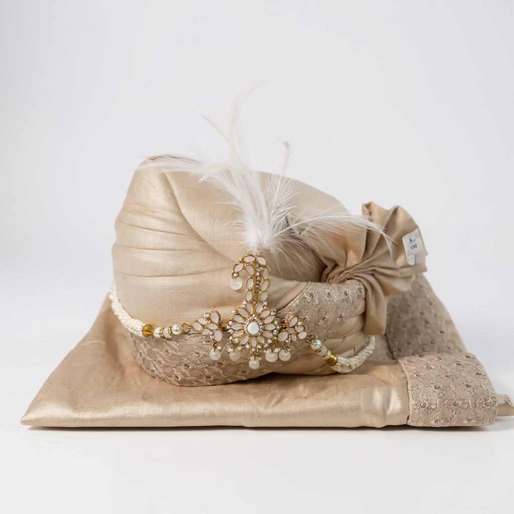 Champagne Gold Groom Pagri | Textured Wedding Safa with Pearl Brooch