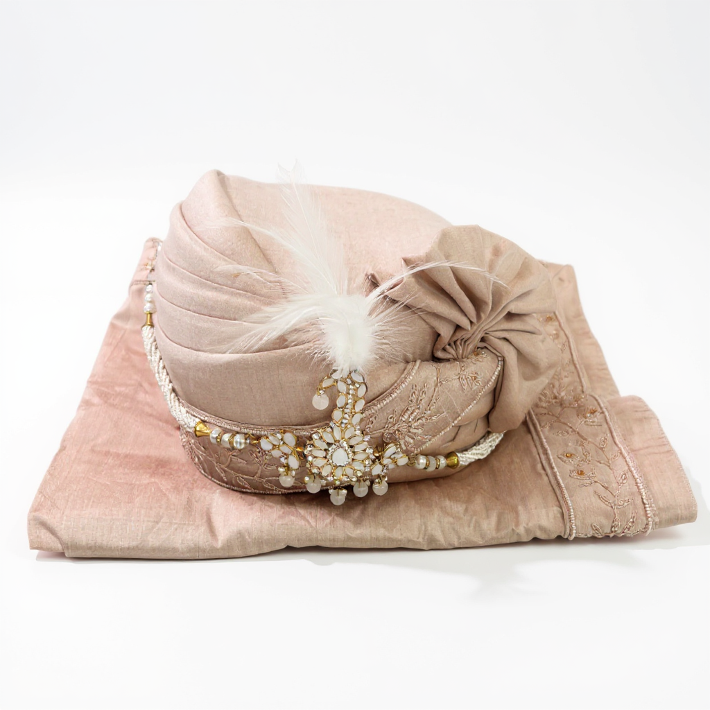 Dusty Rose Groom Pagri with Pearl Brooch | Embroidered Wedding Safa