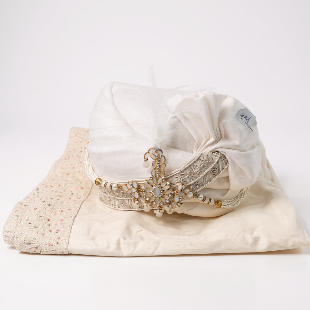 Ivory Groom Pagri with Silver Embroidery | Classic Wedding Safa