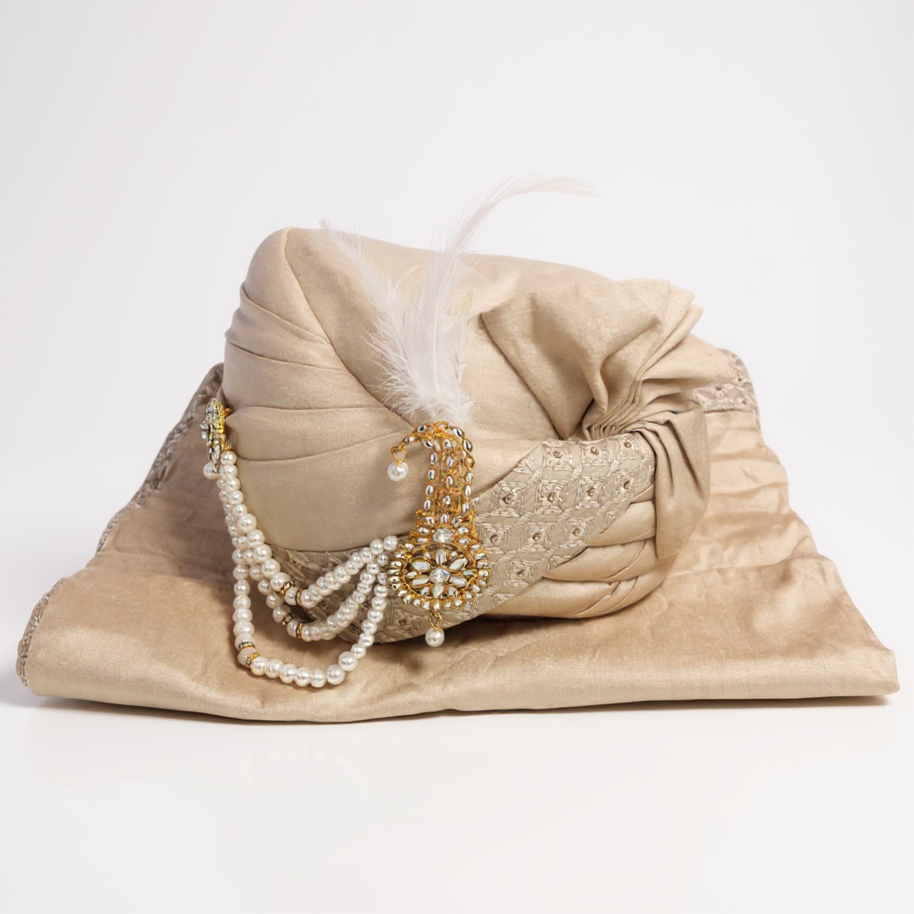 Champagne Beige Groom Pagri | Pearl Mala & Embroidered Wedding Safa