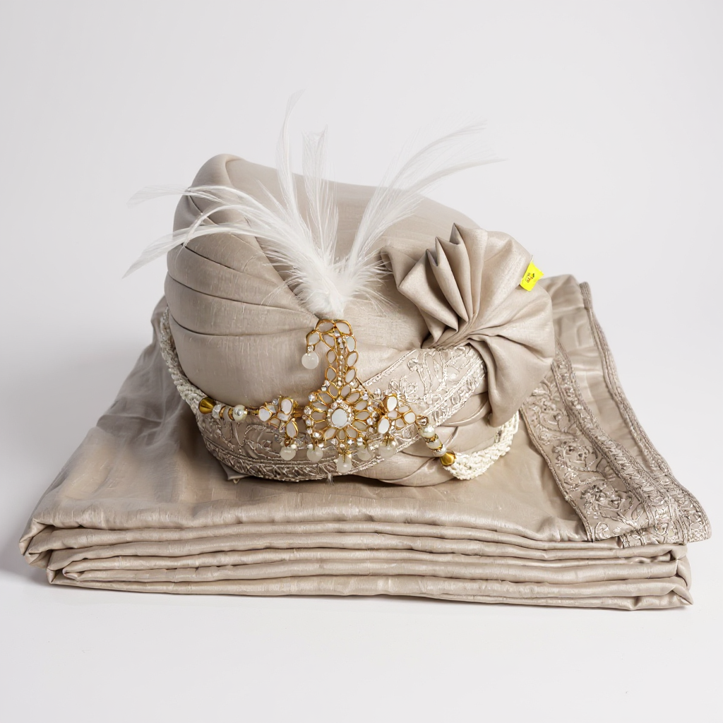 Champagne Taupe Groom Pagri | Embroidered Safa with Kundan Brooch