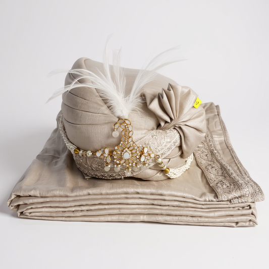 Champagne Taupe Groom Pagri | Embroidered Safa with Kundan Brooch