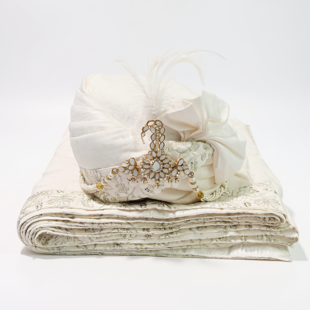 Ivory & Gold Groom Pagri | Embroidered Wedding Safa with Kundan Brooch