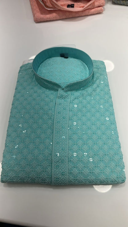 Aqua Blue Chikankari Kurta Pajama for Men – Mirror Work Festive Wear