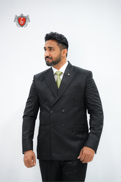 Refined Men’s Black Double-Breasted Suit with Classic Green Tie - The Mark of a True Gentleman
