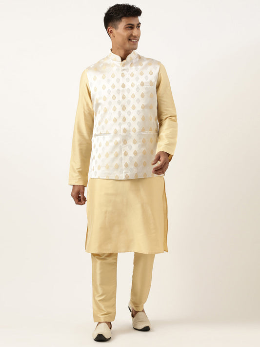 Beige Jacquard Jacket Kurta Set