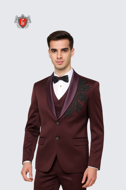 Men’s Plum Satin Tuxedo with Side Embroidery & Matching Waistcoat