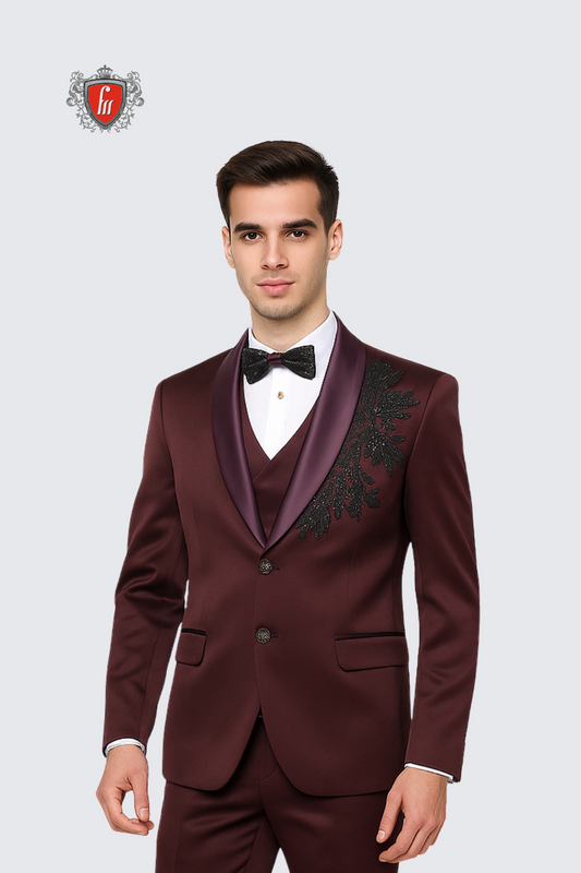 Men’s Plum Satin Tuxedo with Side Embroidery & Matching Waistcoat