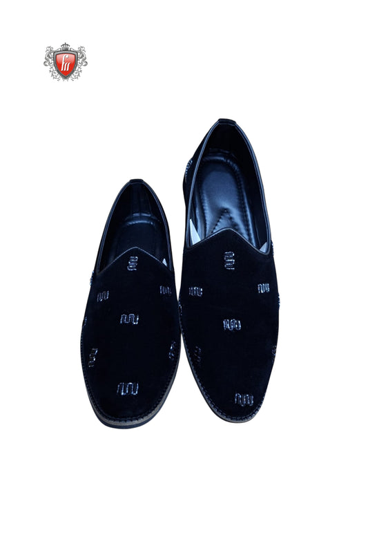 Men’s Black Velvet Jutti with Minimal Geometric Bead Embroidery