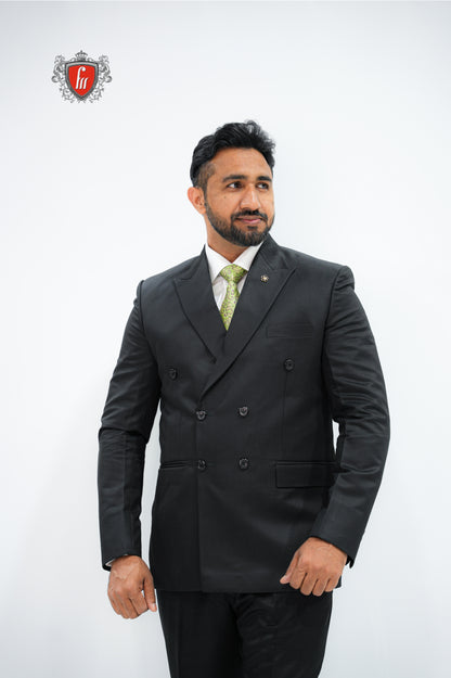 Refined Men’s Black Double-Breasted Suit with Classic Green Tie - The Mark of a True Gentleman