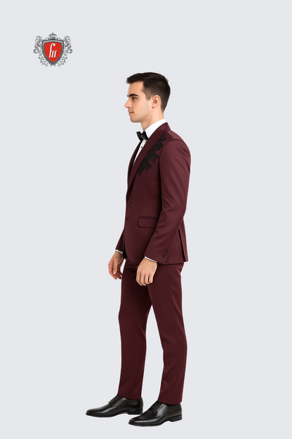 Men’s Plum Satin Tuxedo with Side Embroidery & Matching Waistcoat