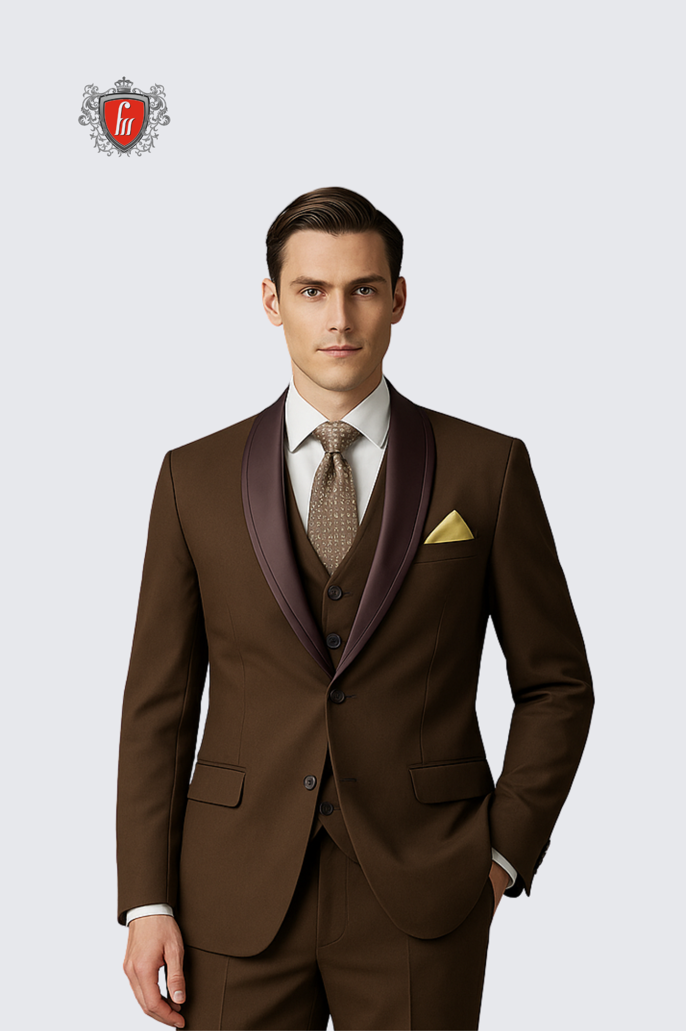 Men’s Chocolate Brown Suit with Satin Lapel & Printed Tie – Elegant Formalwear