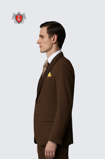 Men’s Chocolate Brown Suit with Satin Lapel & Printed Tie – Elegant Formalwear