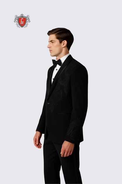 Men’s Black Embroidered Tuxedo – Elegant Formalwear for Weddings & Parties