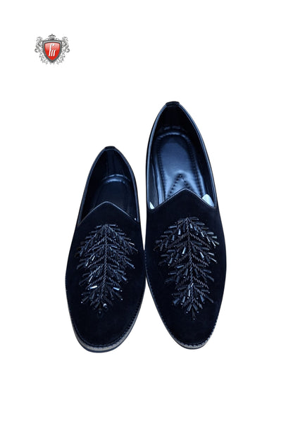 Men’s Black Velvet Jutti with Handcrafted Beaded Leaf Motif