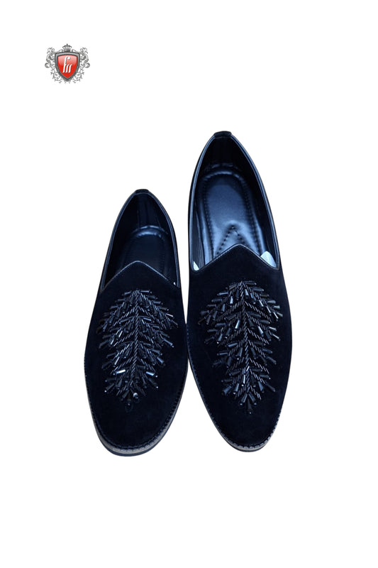 Men’s Black Velvet Jutti with Handcrafted Beaded Leaf Motif
