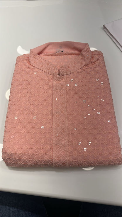Blush Pink Chikankari Kurta Pajama for Men – Mirror Work Festive Wear