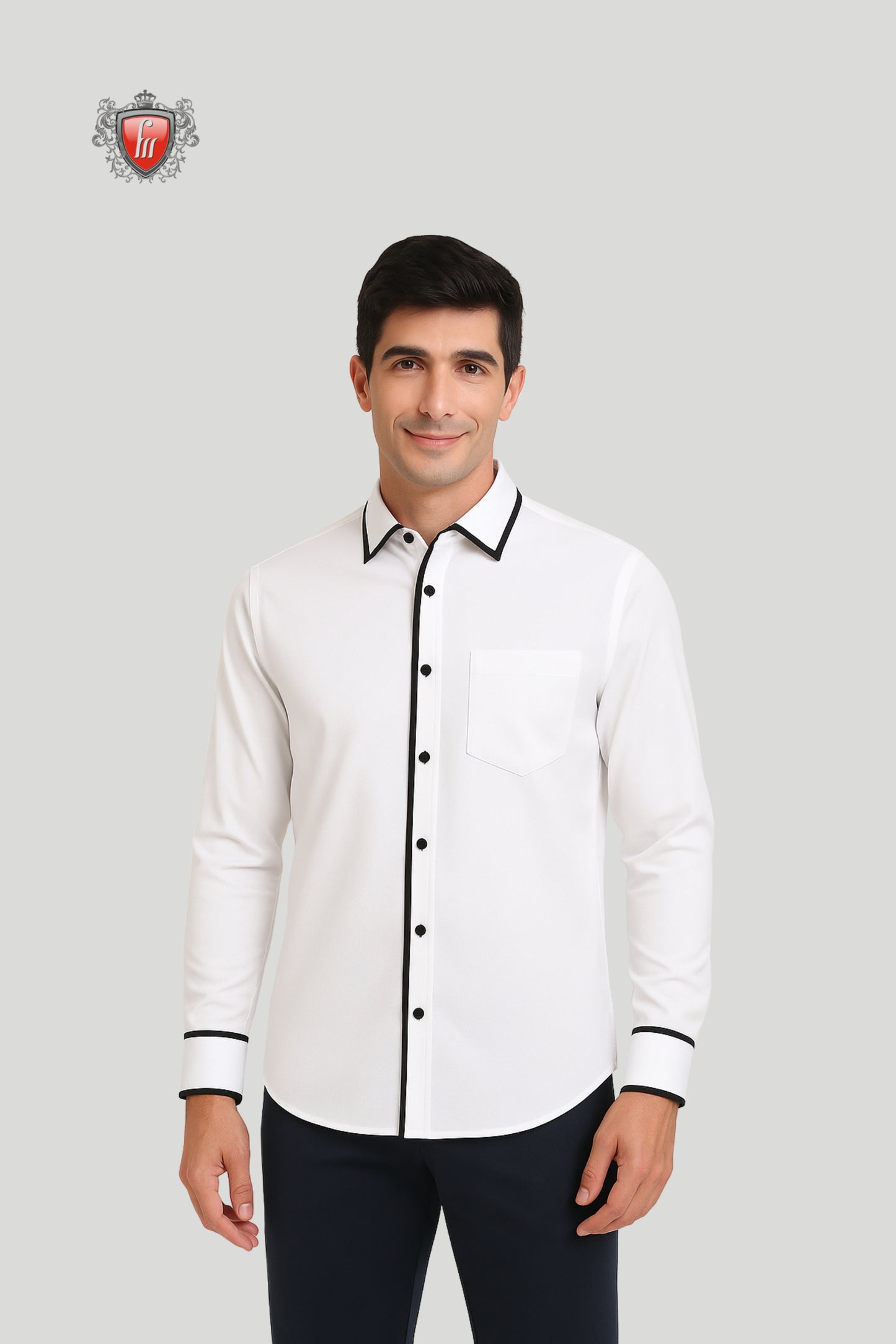 Men’s White Long-Sleeve Shirt with Black Contrast Trim – Refined Detailing, Timeless Appeal