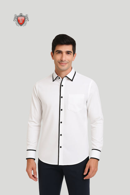 Men’s White Long-Sleeve Shirt with Black Contrast Trim – Refined Detailing, Timeless Appeal