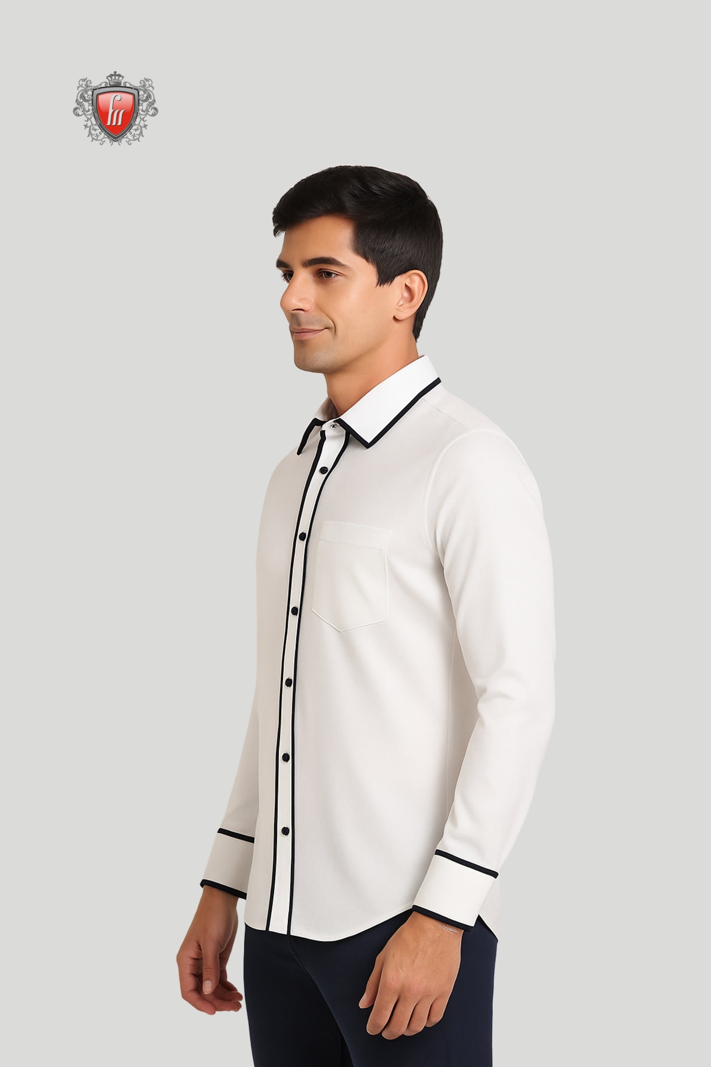 Men’s White Long-Sleeve Shirt with Black Contrast Trim – Refined Detailing, Timeless Appeal