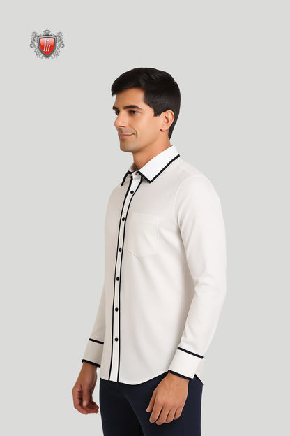 Men’s White Long-Sleeve Shirt with Black Contrast Trim – Refined Detailing, Timeless Appeal
