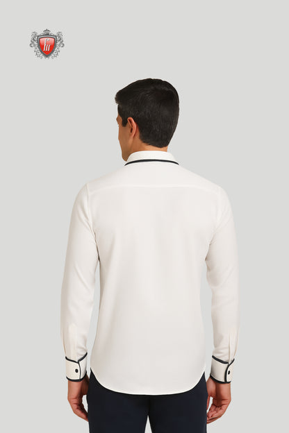 Men’s White Long-Sleeve Shirt with Black Contrast Trim – Refined Detailing, Timeless Appeal
