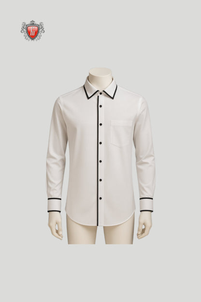 Men’s White Long-Sleeve Shirt with Black Contrast Trim – Refined Detailing, Timeless Appeal