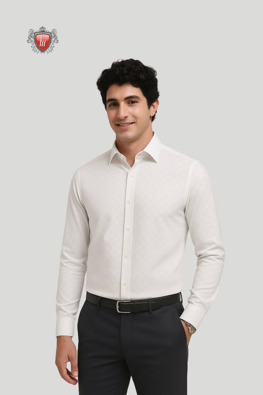 Men’s White Textured Formal Shirt – Subtle Checks with Modern Sophistication