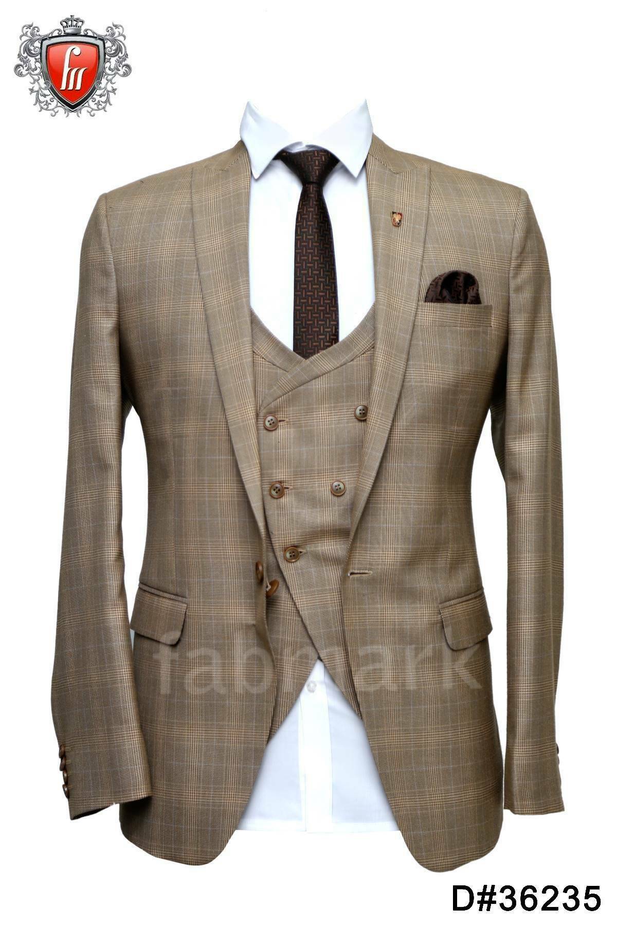 Fabmark 3pc Designer Beige Check Suit