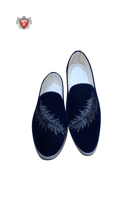Men’s Navy Blue Velvet Jutti with Silver Leaf Embroidery