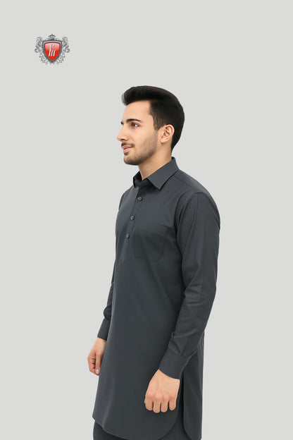 Men’s Designer Kurta Pajama in Charcoal Grey – Bold Celebration Wear
