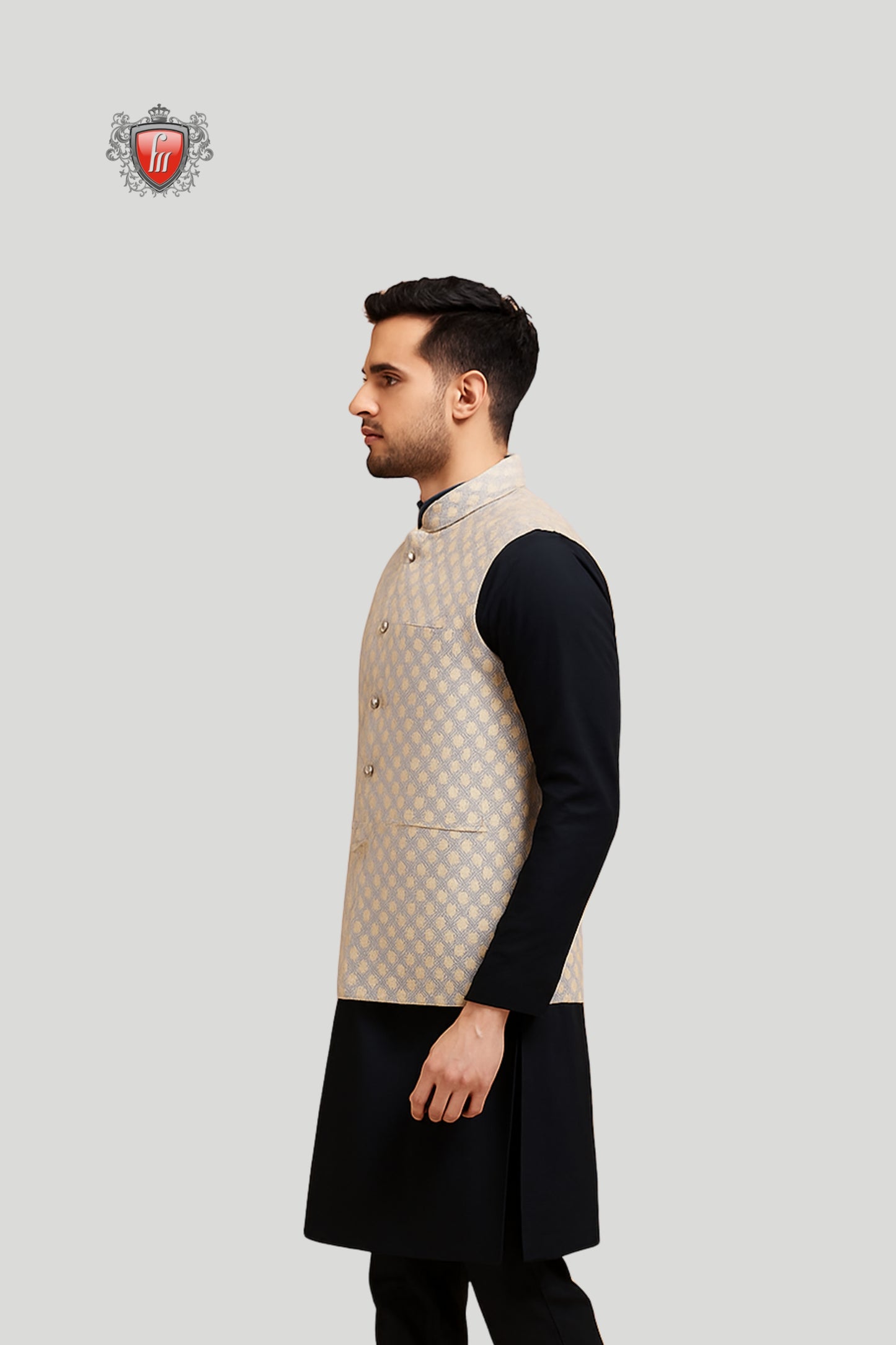 Beige Jacquard Waistcoat with Geometric Pattern – Modern Festive Style