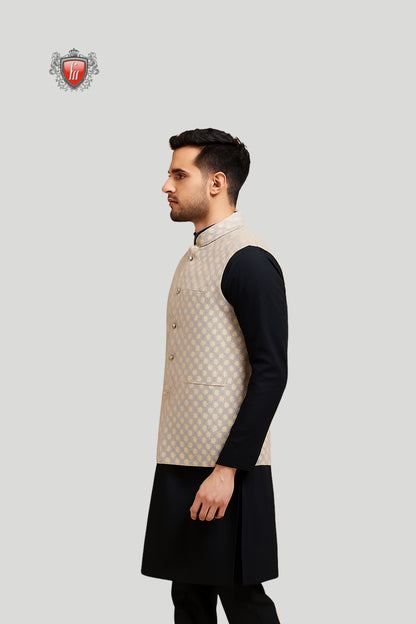Beige Jacquard Waistcoat with Geometric Pattern – Modern Festive Style