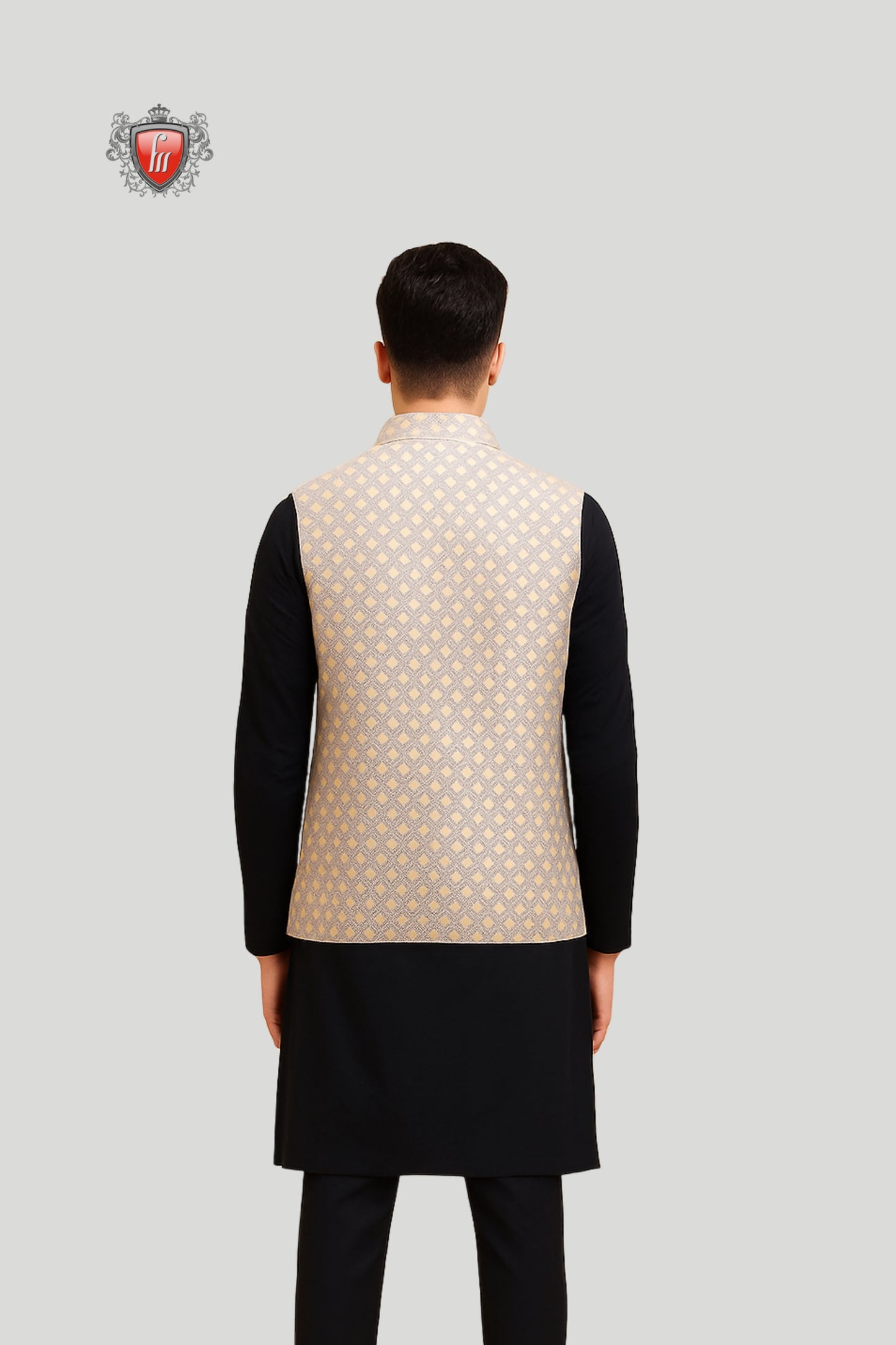 Beige Jacquard Waistcoat with Geometric Pattern – Modern Festive Style