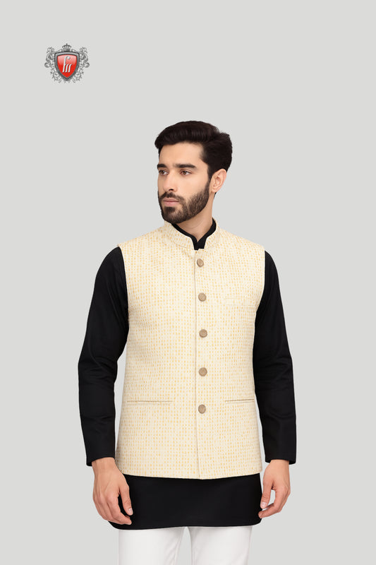 Cream Textured Waistcoat with Subtle Woven Detailing – Classic Elegance