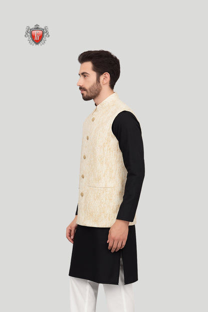 Cream Textured Waistcoat with Subtle Woven Detailing – Classic Elegance