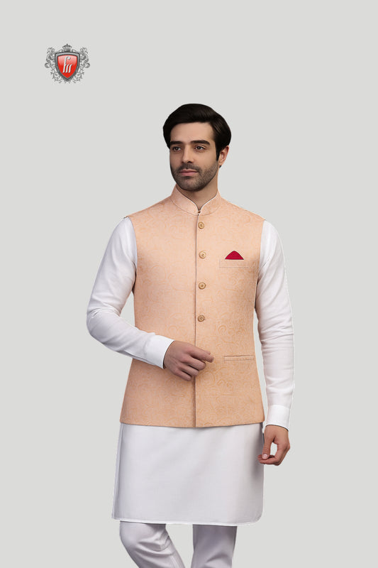 Peach Waistcoat with Subtle Jacquard Pattern – Contemporary Festive Elegance
